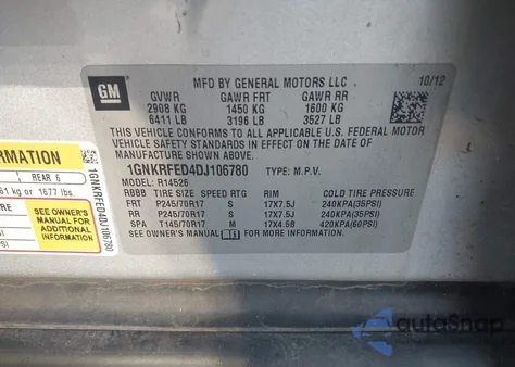 2013 Chevrolet Traverse Ls z USA, uszkodzony, nr VIN 1GNKRFED4DJ106780